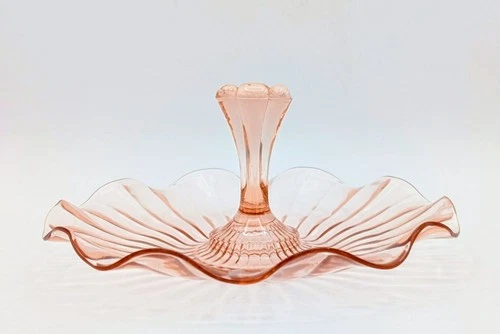Vintage Pink Depression Glass Center Handle Serving Tray – Wavy Scalloped Plate