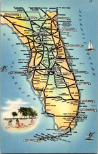 Vintage Florida Road Map Postcard by Tichnor Bros, Mid-20th Century