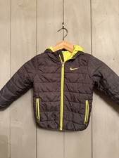 Nike Boy's Puffer Zip Hooded Midweight Jacket - 3T Dark Gray Neon Lined Hood L21