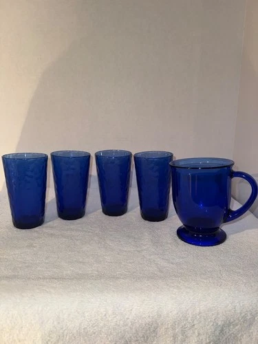 VTG 5 Piece Lot Cobalt Blue Textured Water Glasses and Large Anchor Hocking Mug