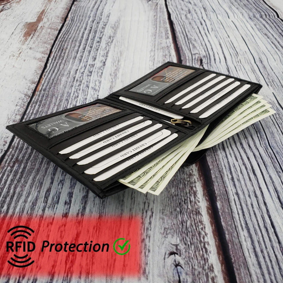 Men's RFID Genuine Leather European Bifold Wallet Hipster 2 ID Windows (Black) - Image 3 of 4