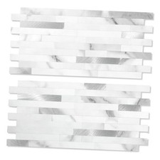 Sheets Peel and Stick Stone Metal Backsplash, PVC Wall Tiles 20 Marble White