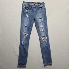 Judy Blue Distressed Serape Patch Women 7/28 Blue Skinny Jeans Fit Mid Rise USA