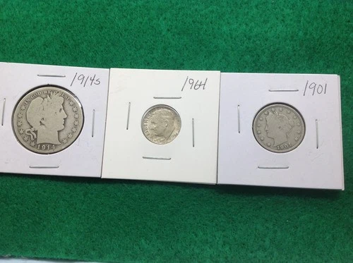 Silver 1914s Barber Half 992,000 Mintage-Silver 1964 Dime-1901 V Nickel