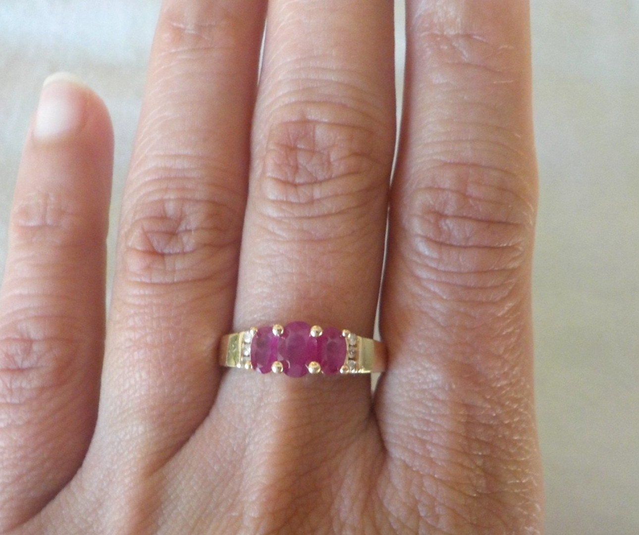 Solid 14K Yellow Gold Three Stone Ruby Diamond Ri… - image 10