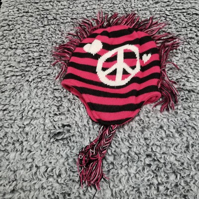 Mohawk Heart Peace Symbol Beanie Winter Hat Pink 10-14 Girls Knit Tassels  Stripe