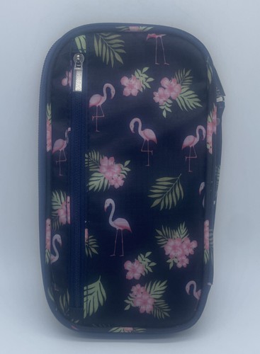 New RFID Travel Passport Document Holder Blue Flamingo Print Nylon Wristlet - Picture 2 of 7