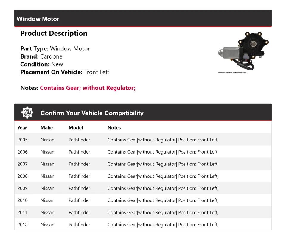 Motor ventana delantero izquierdo cardone 2006 2007 2008 Nissan Pathfinder 2005-2012 Foto 2 de 4