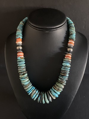 Sterling Silver Blue Turquoise Spiny Oyster Bead Necklace 18 Inch