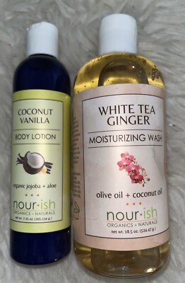 Nour-ish Organic Natural White tea Ginger Wash & Coconut Vanilla Lotion New