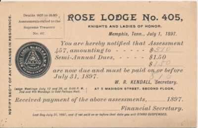 Knights & Ladies of Honor Rose Lodge 405 Memphis Tennessee Fancy cancel. 1897