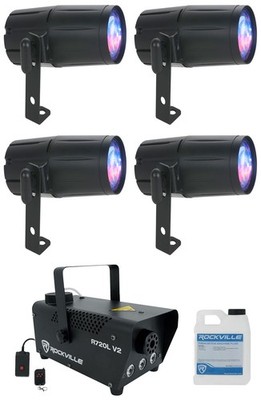 (4) American DJ PINSPOT LED QUAD DMX 8 Watt RGBW Pinspot Lights w/ Remote+Fogger