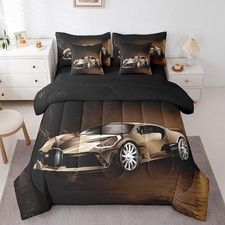 Sports Car 7 Piece Bedding Set Brown Race Car Comforter Set with Sheets for K...