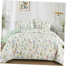 Floral Quilt Set Queen Size,3 Pieces Flower Queen 96"x90" Colored Green