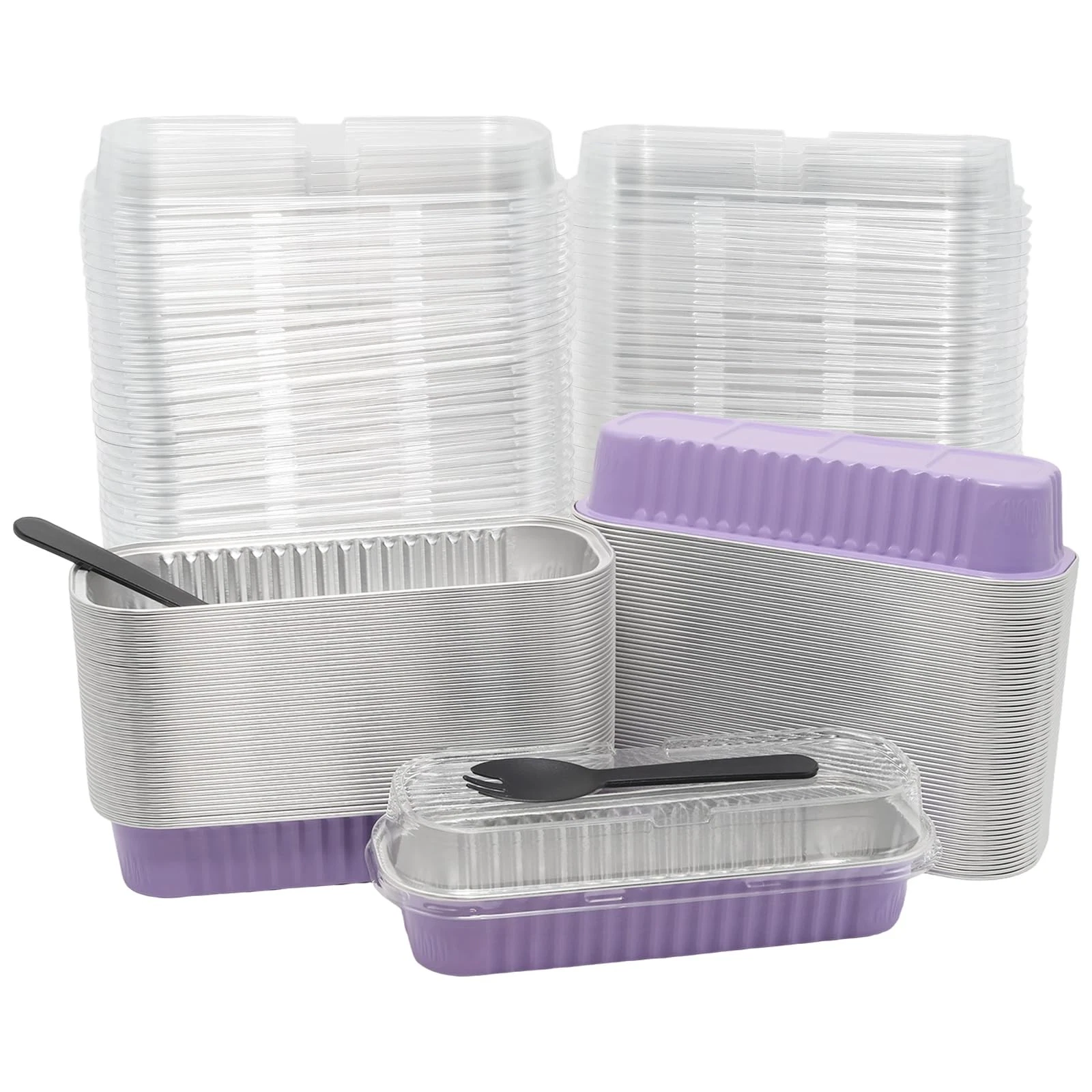 100 Pack 6.8oz Aluminum Cake Pans with Lids and Spoons Rectangle Mini Loaf Pa...