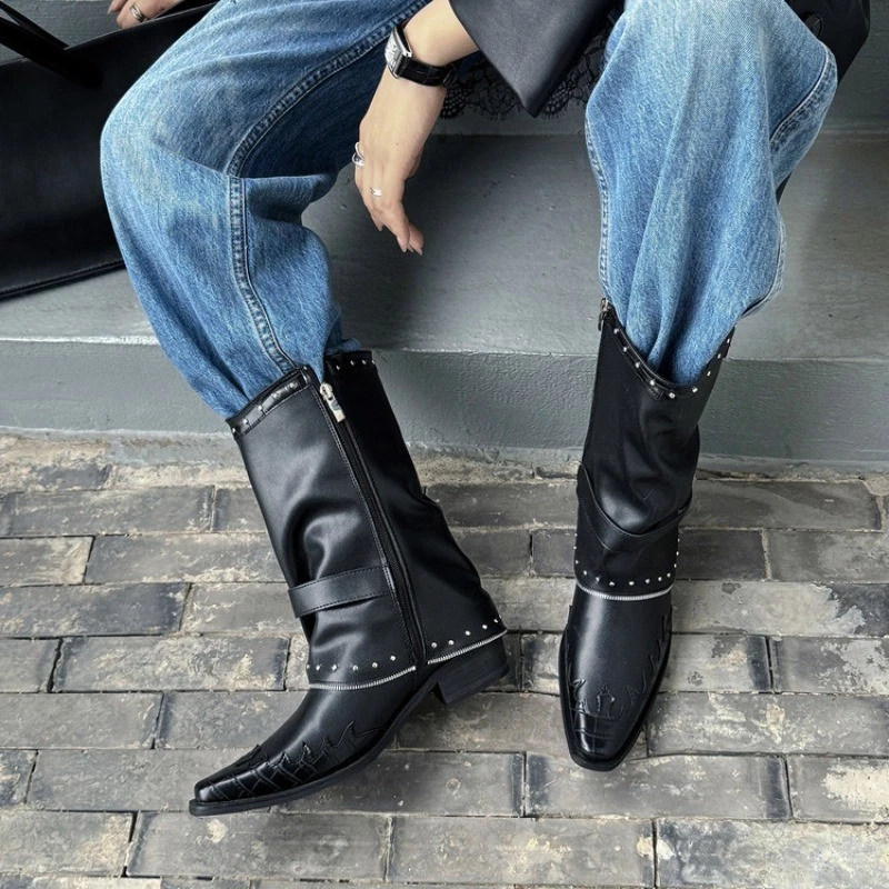 Retro Mujeres Tacón Grueso Vaquero Occidental Medio Pantorrilla Botas Cremallera Lateral Ropa de Trabajo Botas Foto 4 de 4