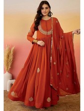 Indian Style Faux Georgette Orange Gown Bottom With Dupatta For Reception