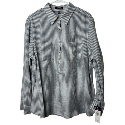 New Chaps Top Women's 2X Blue Stripe Linen Blend Popover Casual Lightweight