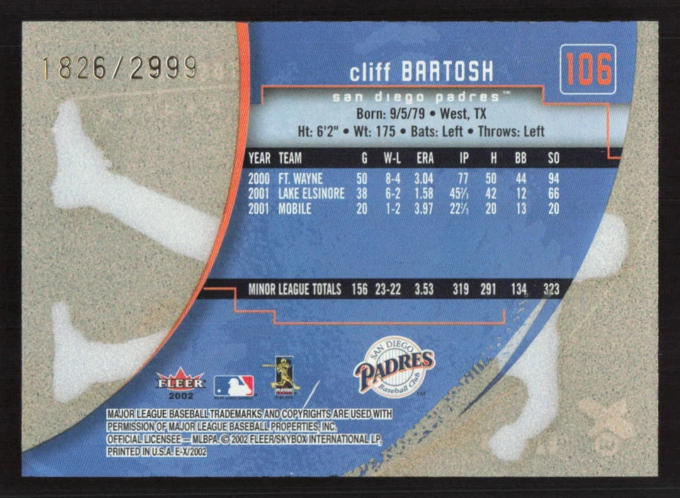 2002 Fleer E-X Cliff Bartosh #/2999 SN,RC Rookie #106 Card - Image 2 of 2