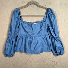 Reformation Blue Long Sleeve Top Womens Size 10 Organic Cotton Blend