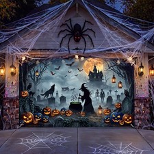 16 x 7 FT Halloween Witch Garage Door Cover Decorations with Ribbon Spooky Scary