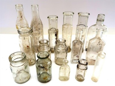 16 Antique / Vintage Aqua Blue Bottles Mason's, Airlin E, P J Ritter, Amsco, etc