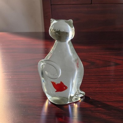 Blown Art Glass, Clear Glass Cat With Gold Fish Inside, Paperweight