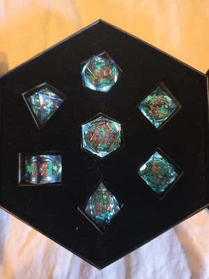 Heimdallr Liquid Core Dice Set. 7pc. Hand Painted Runic Numbers. Midnight Sea