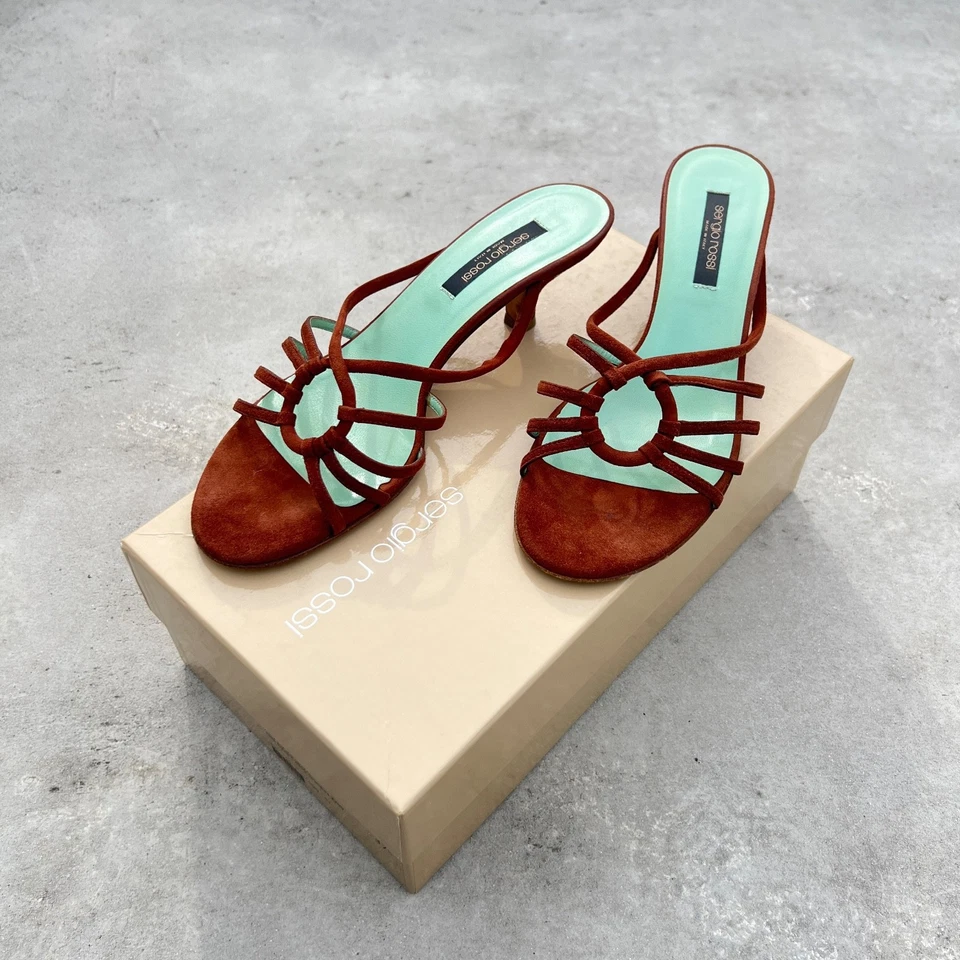 Sergio Rossi | Подлинные коричневые замшевые кожаные мулы на среднем каблуке с ремешками (37,5) - Изображение 3 из 4