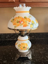Vintage Hurricane Lamp, GWTW, Accurate Casting Co., Hand painted Yellow Flowers.