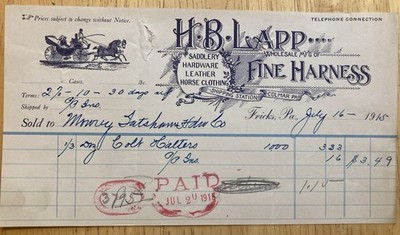 Vintage Billhead H.B. Lapp MFG Fine Harness Fricks, Pa. Dated 1915