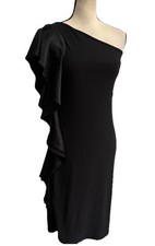 Ralph Lauren Dress Black Evening One-Shoulder Ruffle Detail Stretch Size 6