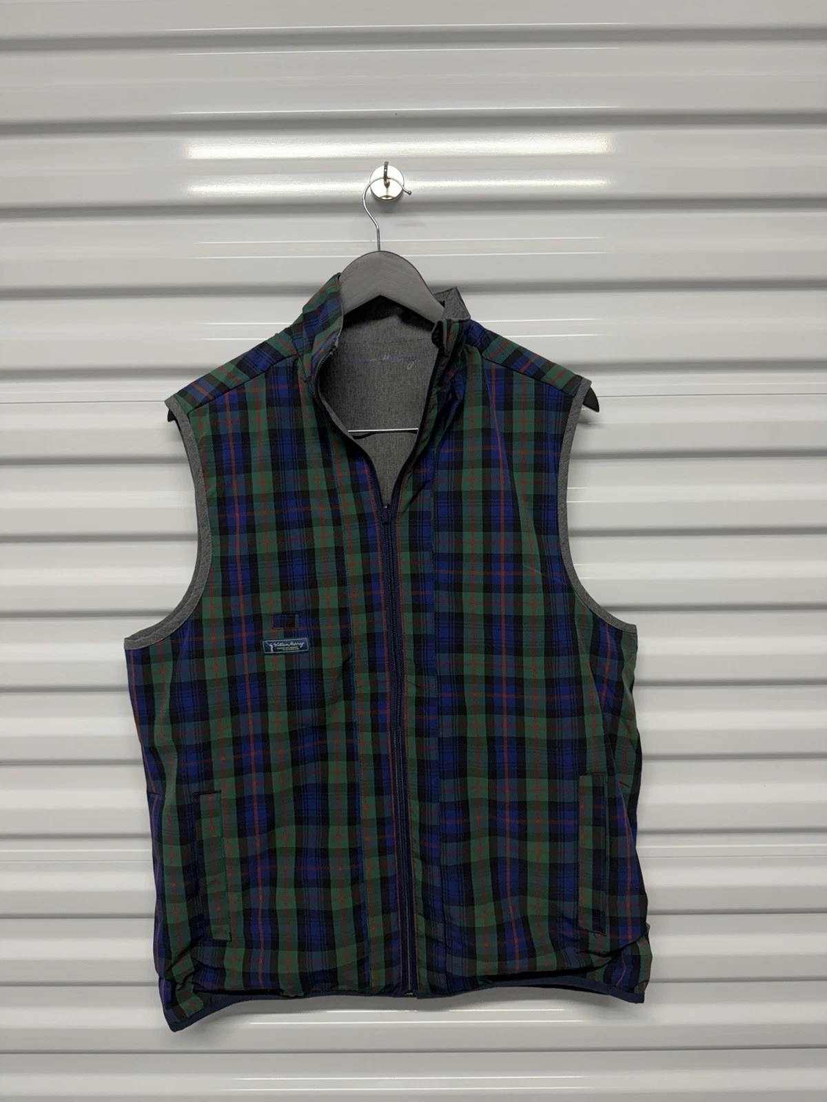 William Murray Men's Golf Vest Large Reversible Gray Tartan Plaid Full Zip