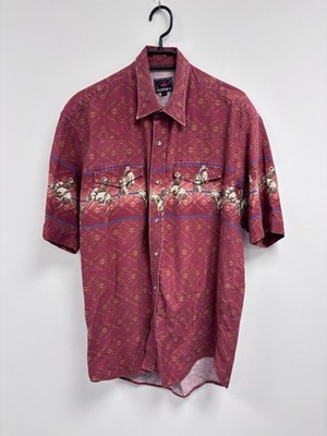 Vintage Roper Western Rodeo Cowboy Print Shirt Large Burgundy Azteken Print Snap