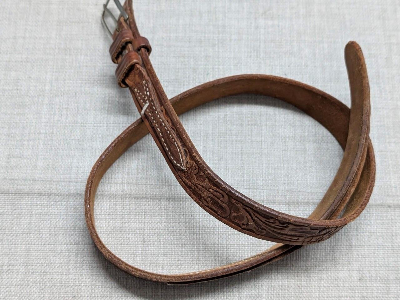 vintage TOOLED buckle belt 34 brown RANGER cowhide leather WESTERN floral scroll