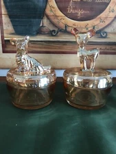 RARE PAIR 1940s Jeanette Marigold Iridescent Carnival Glass/2 Boxes/Deer&Dog