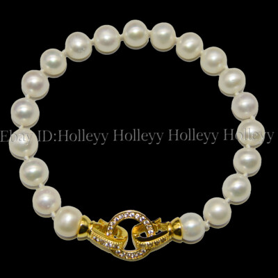 High Quality 8-9mm Genuine Natural White Pearl Round Beaded Bracelets 7.5''