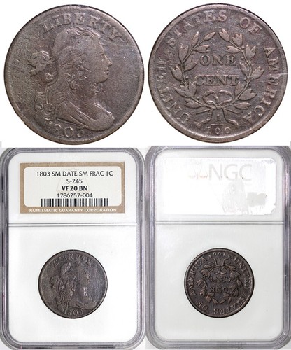 1803 1c S-245 Small Date Small Frac Draped Bust Large Cent NGC VF 20 - Picture 5 of 5