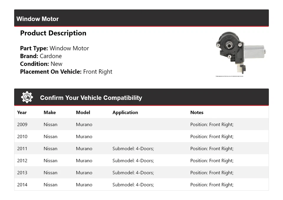 For 2009-2014 Nissan Murano Window Motor Front Right Cardone 2010 2011 2012 2013 - Image 2 of 4