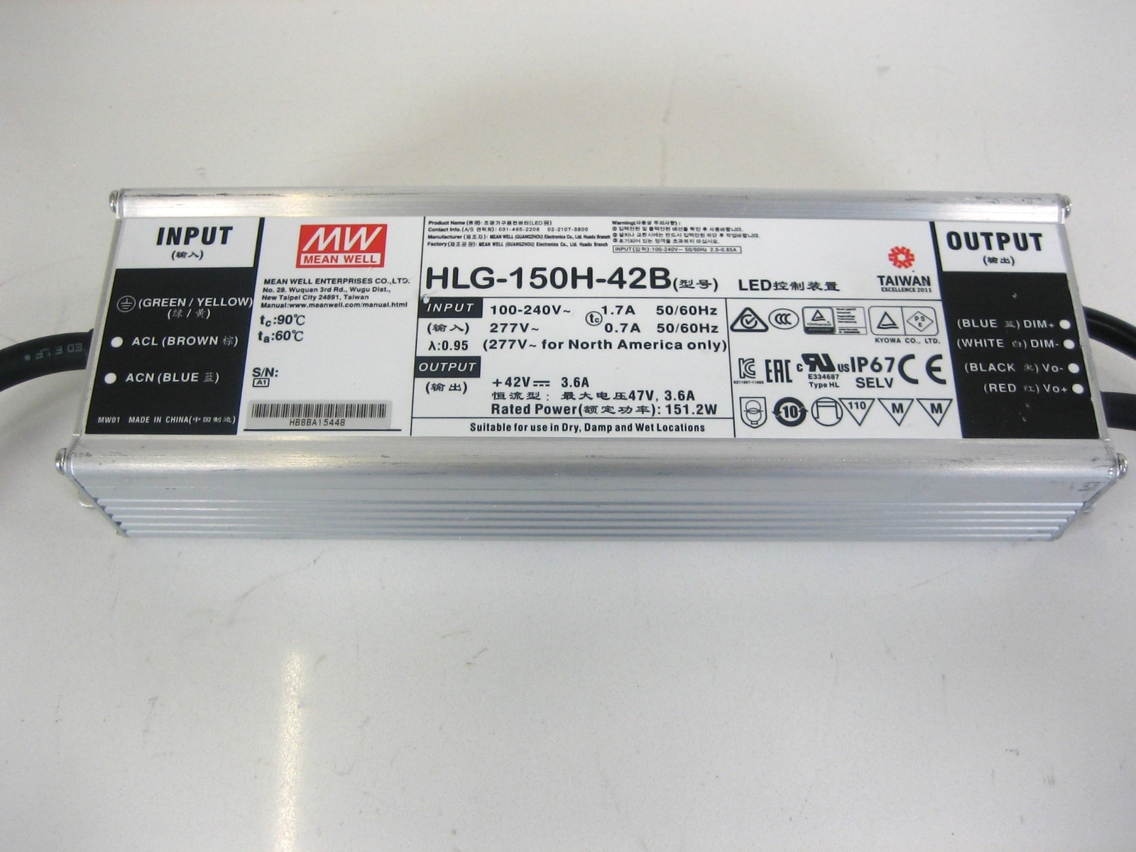 MEAN WELL HLG-150H-42B LED Driver, 151.2 W Constant Voltage, 90 V 90 Day Warr.