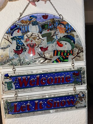 Stained Glass AMIA Christmas Snowman Welcome Hanging Sign