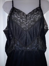 Vintage 50s Crystal Pleated Sheer Lace Bodice Black Nylon Nightgown Lingerie L