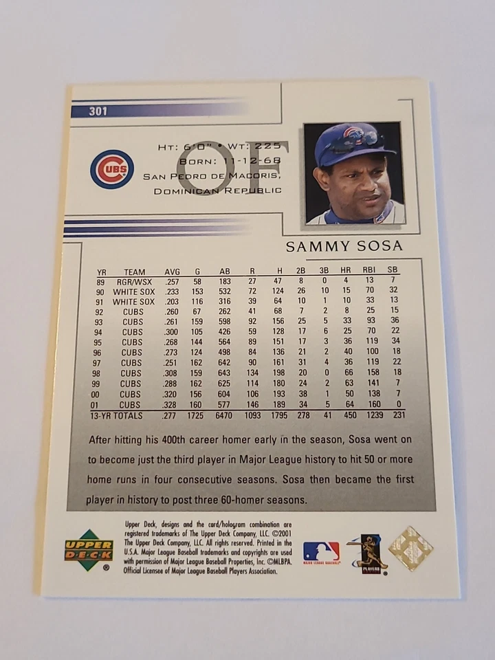 2002 Sammy Sosa Upper Deck Baseball Card #301 All Star Game - Image 2 of 2