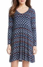 Karen Kane 3L50546 V-Neck Navy Abstract Print A-Line Stretch Jersey Dress - $99