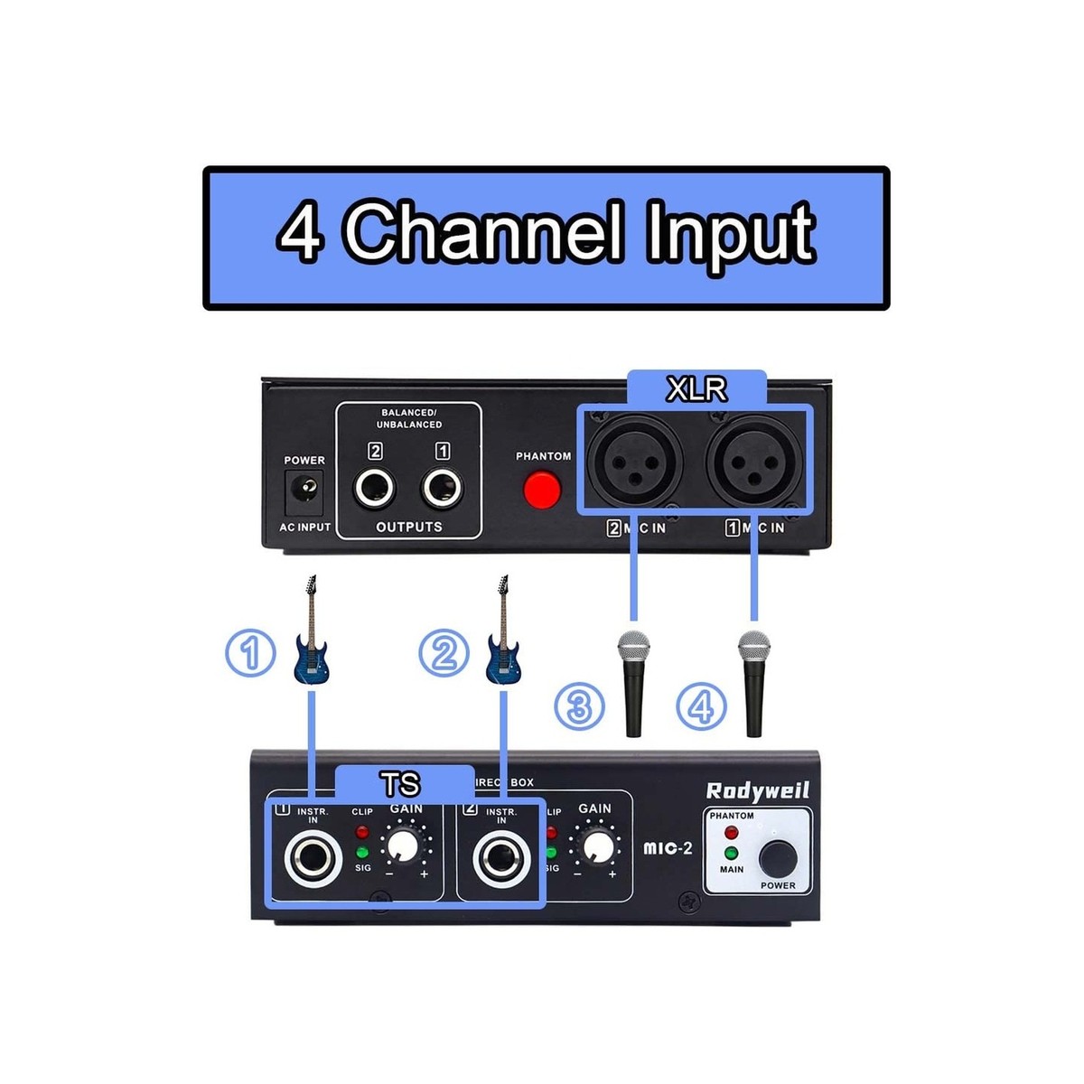 Microphone Preamp Mic Booster 4 Input Max 65db DI Box with 48V