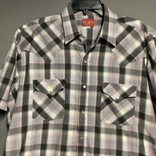 VTG Ely Plains Mens Size L Shirt Western Pearl Snap Gray Blue Plaid Short Sleeve
