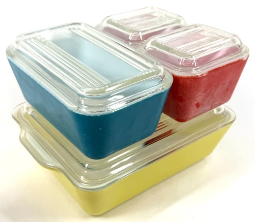 Vintage Pyrex 8 Piece Yellow Blue Red Primary Color Refrigerator Fridge Dish Set