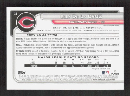 2024 Topps Bowman Baseball Elly De La Cruz #22 nuovo di zecca - Foto 2 di 2