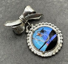 Vintage Butterfly Wing Silver Tone Palm Tree Beach Scene Bow Dangle Brooch Pin