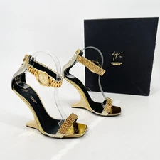 Giuseppe Zanotti for Christian Cowan Gold Watch Buckle Wedge Sandals IT 37.5